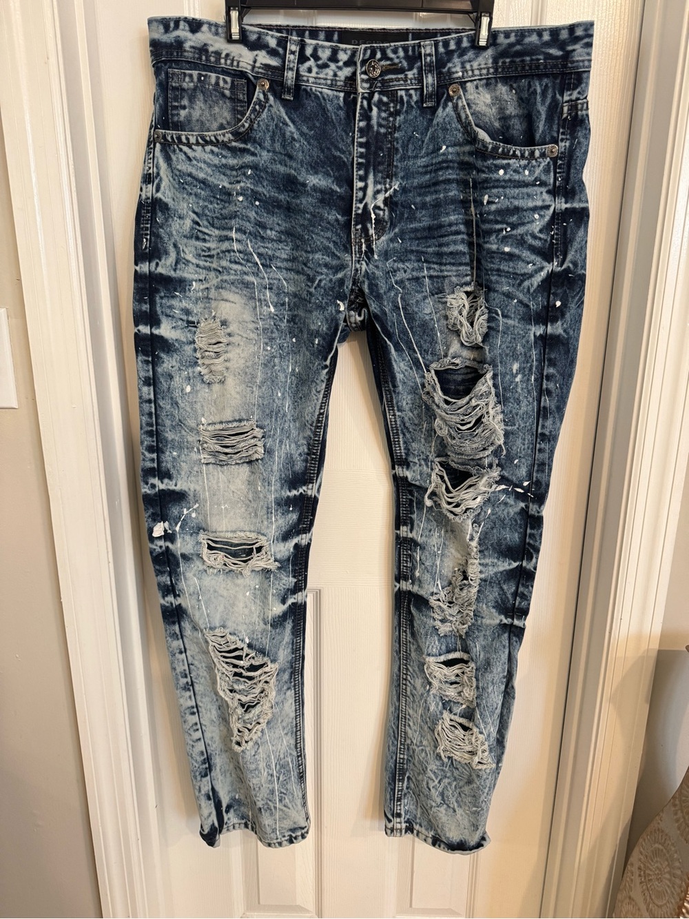 Ripped Acid-Wash Skinny Jeans for Men - Blue